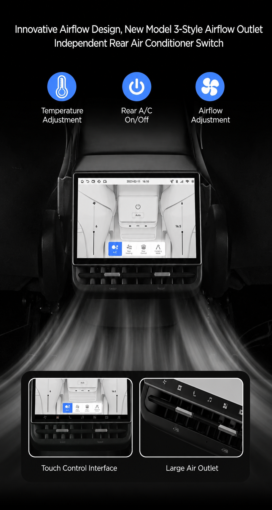 Tesla Model 3/Y Rear Entertainment Screen V6 PRO Plus | 8.66” Android Smart Rear Control Display with Air Conditioning & Seat Control