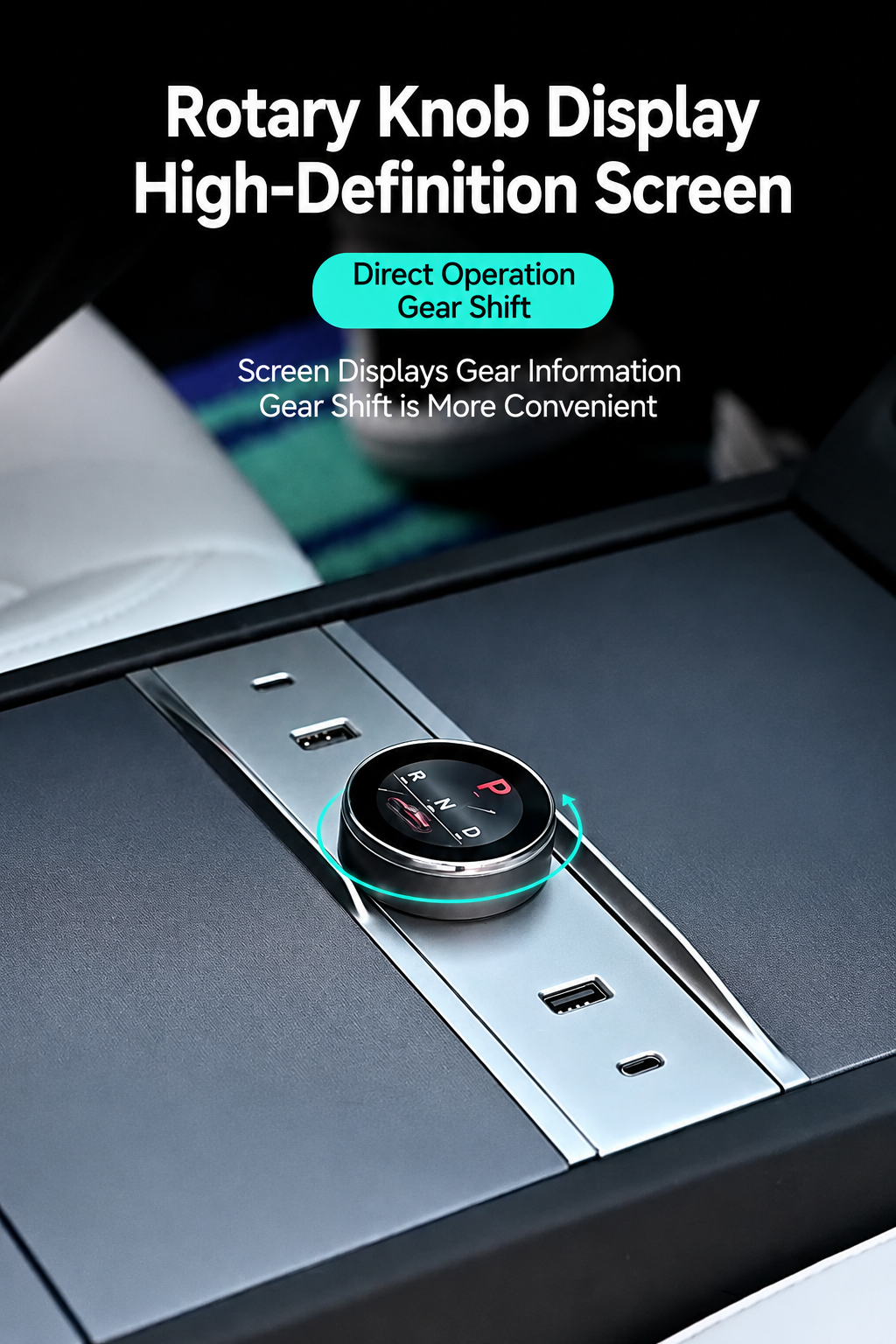 Tesla Model 3 / Y Smart Center Console Knob Expansion Dock – 4-Port Fast Charging Hub with HD Gear Shift Display