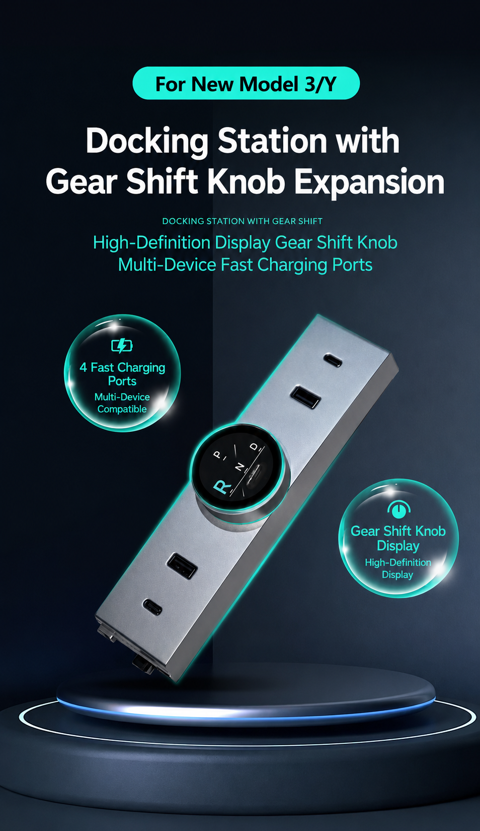 Tesla Model 3 / Y Smart Center Console Knob Expansion Dock – 4-Port Fast Charging Hub with HD Gear Shift Display