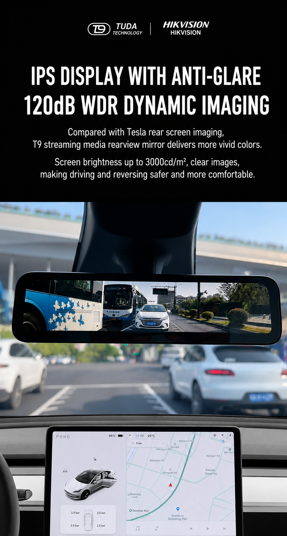 T9 Tesla Streaming Media Rearview Mirror | IPS Anti-Glare Smart Rear View System with Hikvision Camera