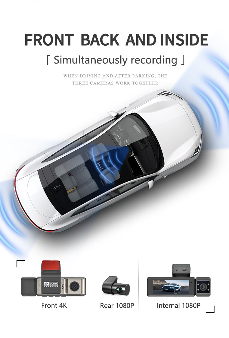A3pro 4K UHD Front & 1080P Internal & 1080P Rear Dash Camera with GPS