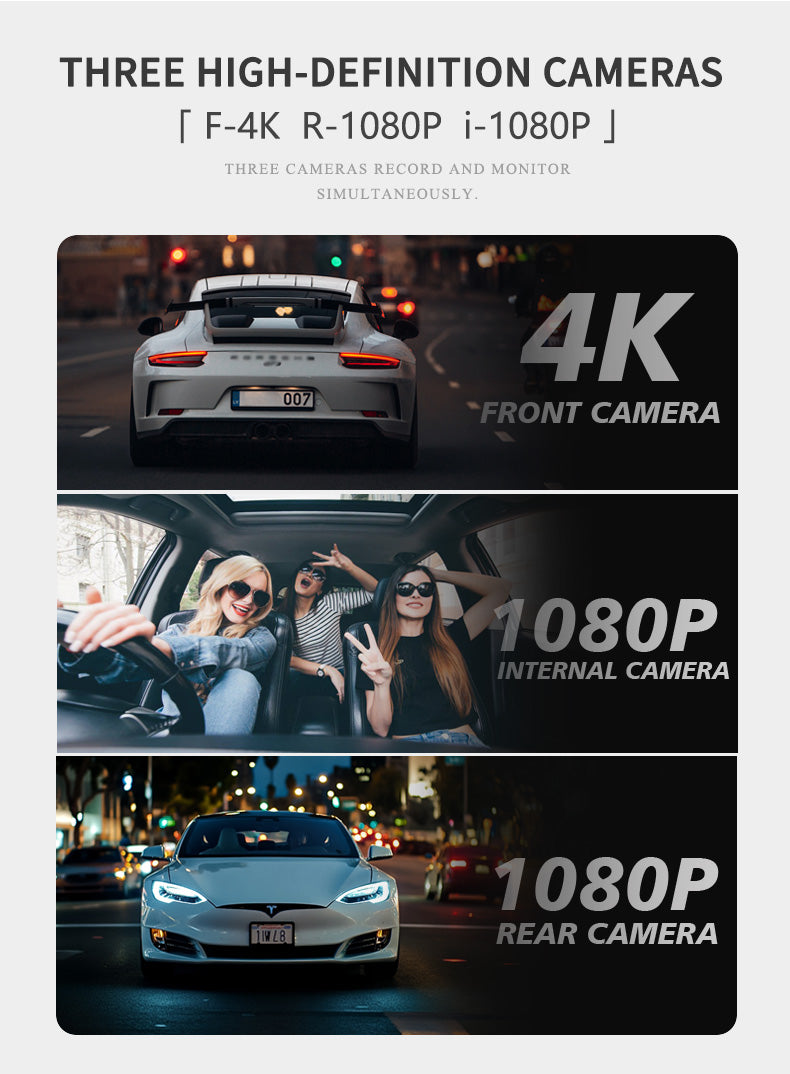 A3pro 4K UHD Front & 1080P Internal & 1080P Rear Dash Camera with GPS
