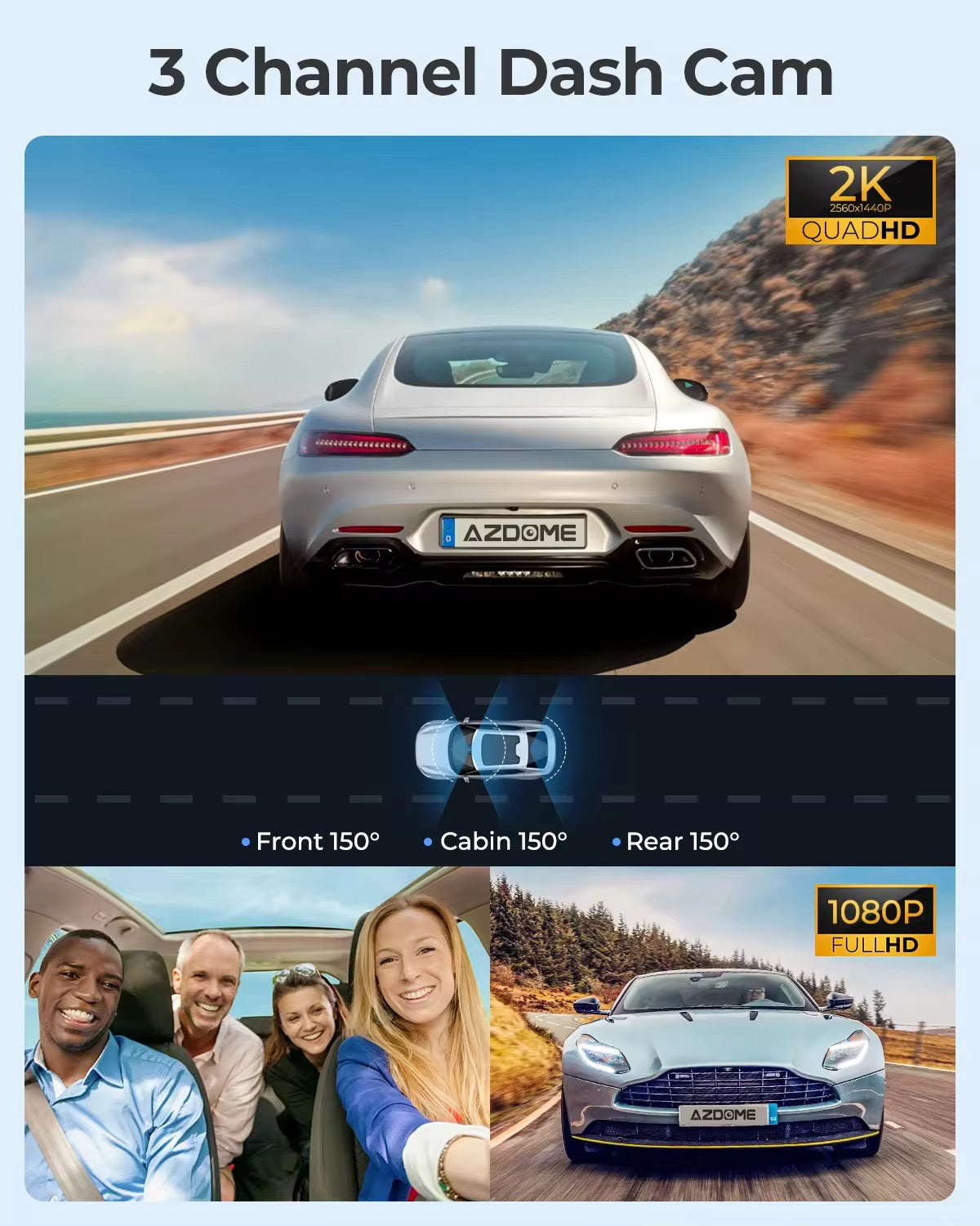AZDOME M550 Pro 3 Channel Dash Cam with Sony STARVIS Dual Sensor, GPS & 5G WiFi – 2K Front + 1080P Cabin & Rear Cameras