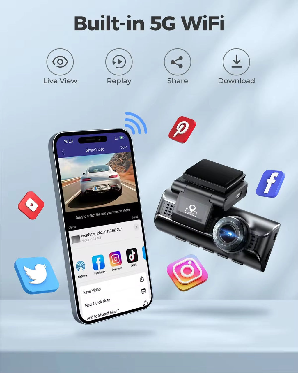 AZDOME M550 Pro 3 Channel Dash Cam with Sony STARVIS Dual Sensor, GPS & 5G WiFi – 2K Front + 1080P Cabin & Rear Cameras