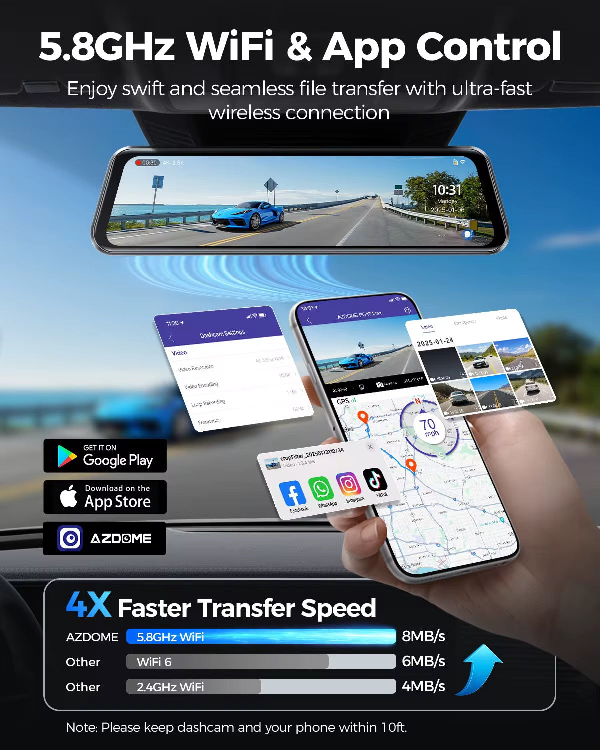 AZDOME PG17 Pro 4K Mirror Dash Cam with Sony STARVIS 2