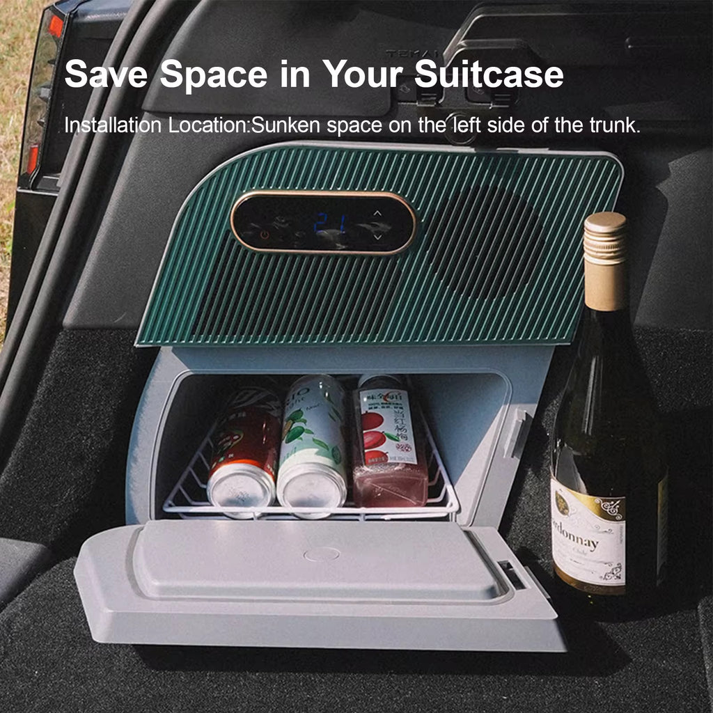 Tesla Model Y Rear Trunk Small Fridge – 15L Partitioned Cooler & Freezer with Digital Display, Quiet Operation & Low Power Consumption