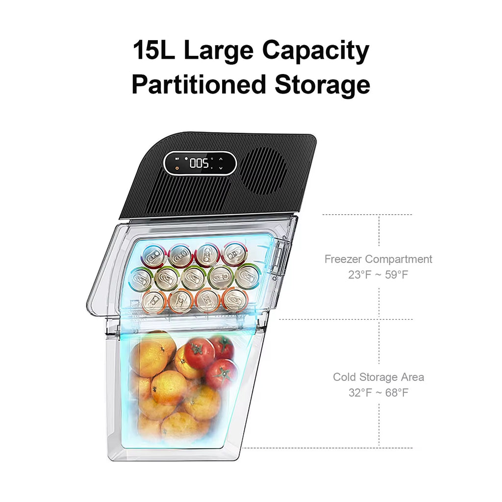 Tesla Model Y Rear Trunk Small Fridge – 15L Partitioned Cooler & Freezer with Digital Display, Quiet Operation & Low Power Consumption