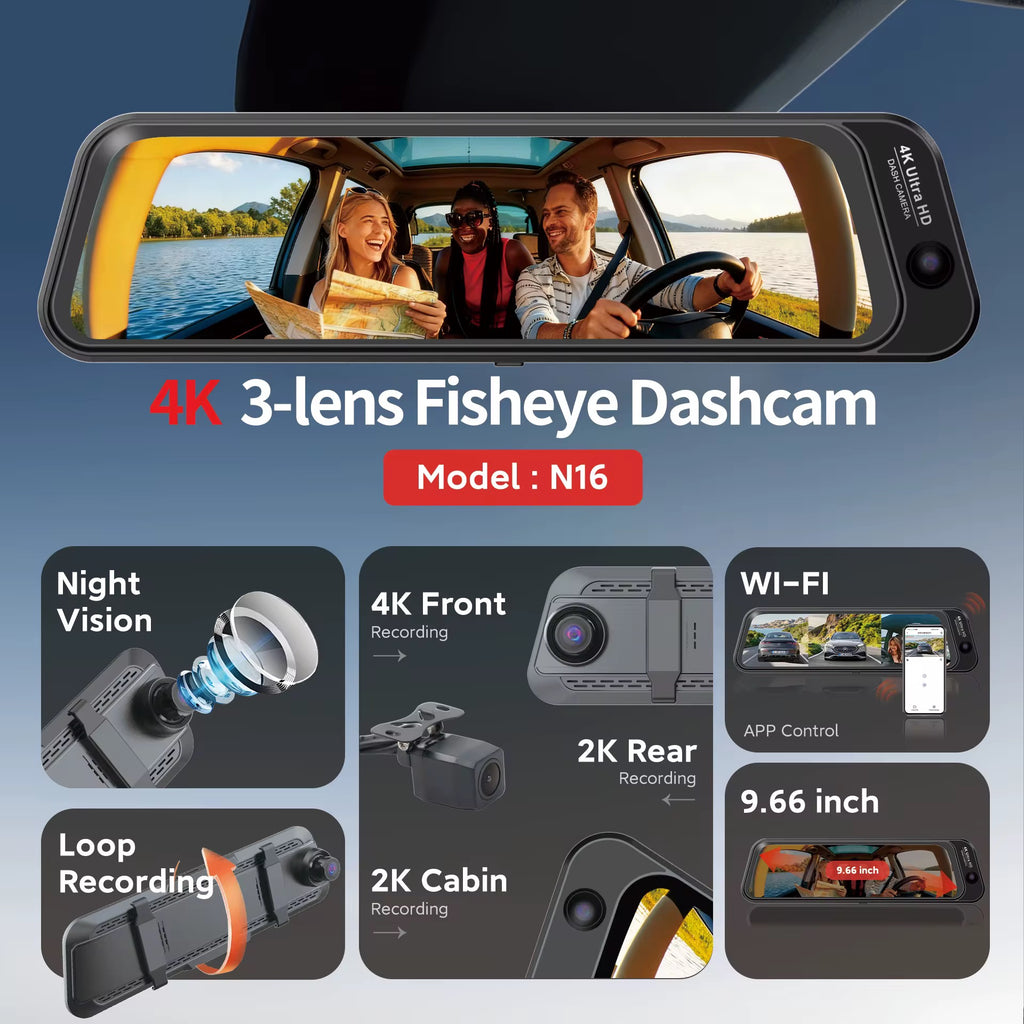 N16pro 9" 4K 3-Lens Fisheye Dash Cam with WiFi, Front 4K + Cabin 2K + Rear 2K, Night Vision & 24H Parking Monitoring