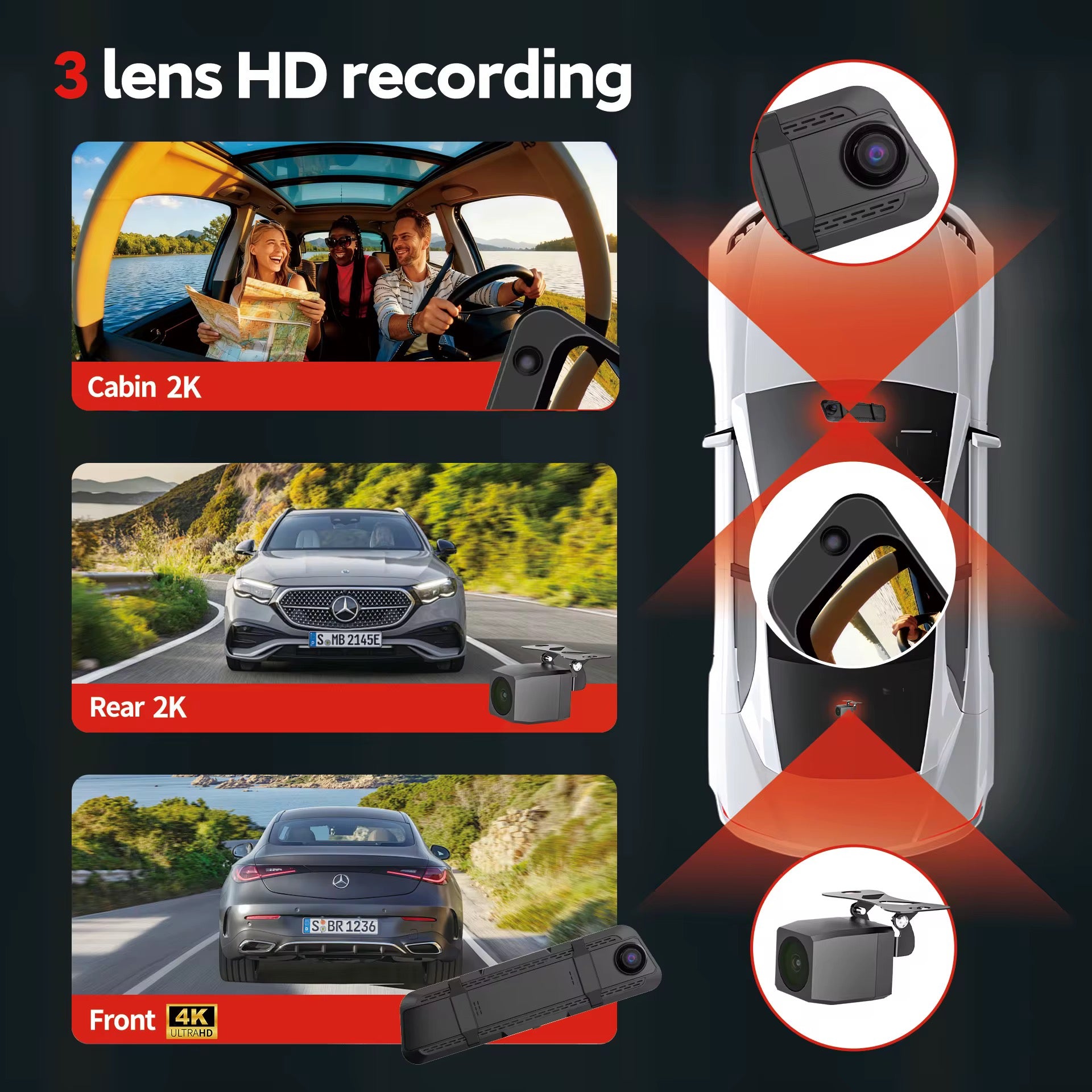 N16pro 9" 4K 3-Lens Fisheye Dash Cam with WiFi, Front 4K + Cabin 2K + Rear 2K, Night Vision & 24H Parking Monitoring