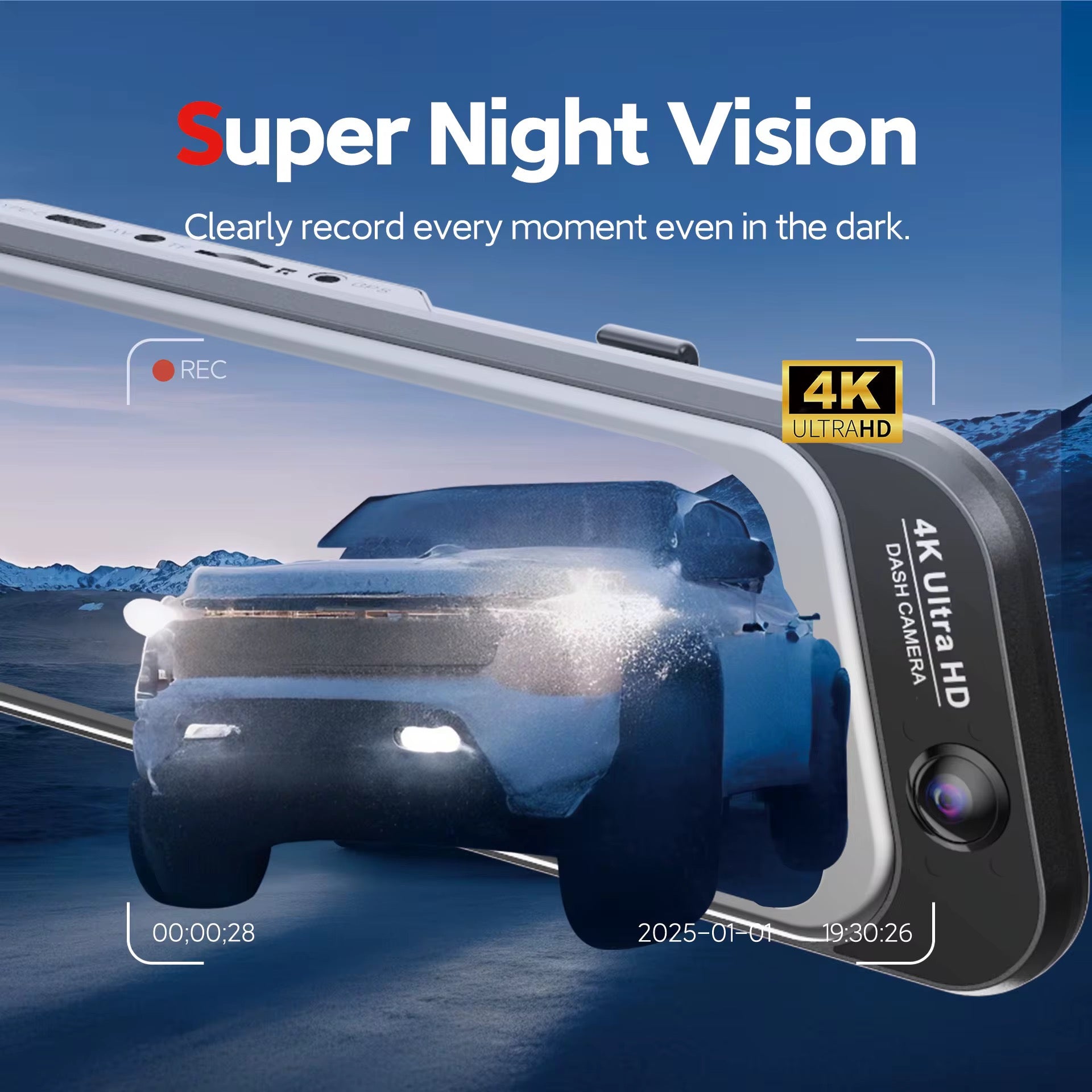 N16pro 9" 4K 3-Lens Fisheye Dash Cam with WiFi, Front 4K + Cabin 2K + Rear 2K, Night Vision & 24H Parking Monitoring