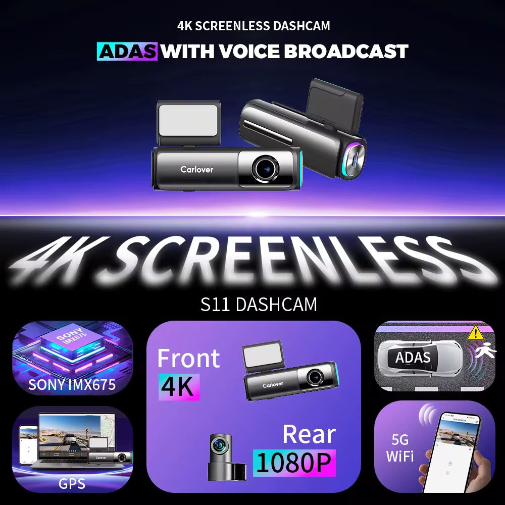 S11 4K Front + 1080P Rear Screenless Dash Cam with 5G WiFi, GPS Tracking, ADAS Voice Alerts & 2-Channel Recording