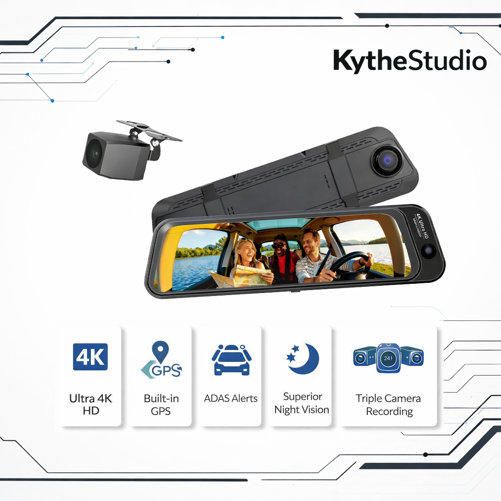 N16pro 9" 4K 3-Lens Fisheye Dash Cam with WiFi, Front 4K + Cabin 2K + Rear 2K, Night Vision & 24H Parking Monitoring