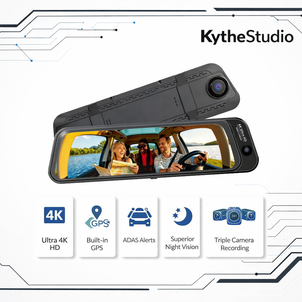 N16pro 9" 4K 3-Lens Fisheye Dash Cam with WiFi, Front 4K + Cabin 2K + Rear 2K, Night Vision & 24H Parking Monitoring