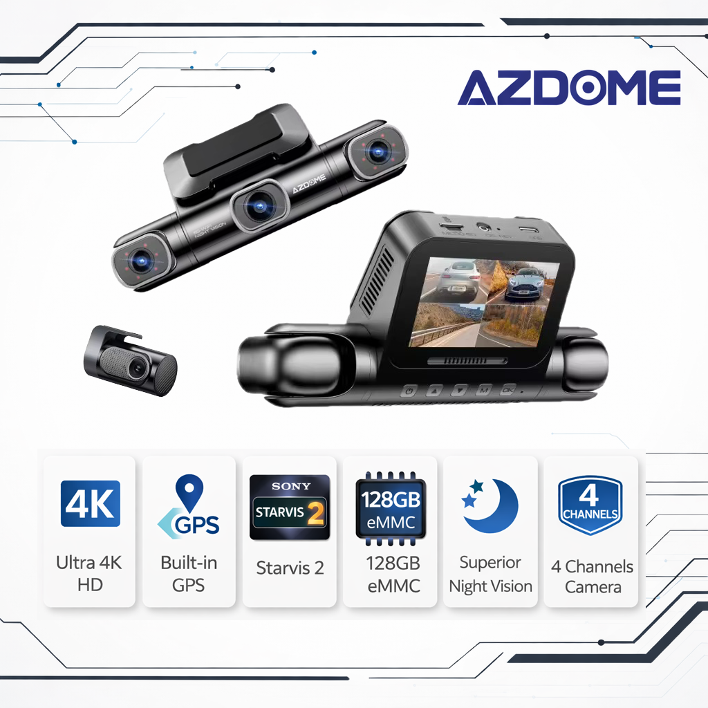 AZDOME M660 Max 4 Channel Dash Cam with 128GB eMMC, 5G WiFi, GPS & 360° Parking Surveillance