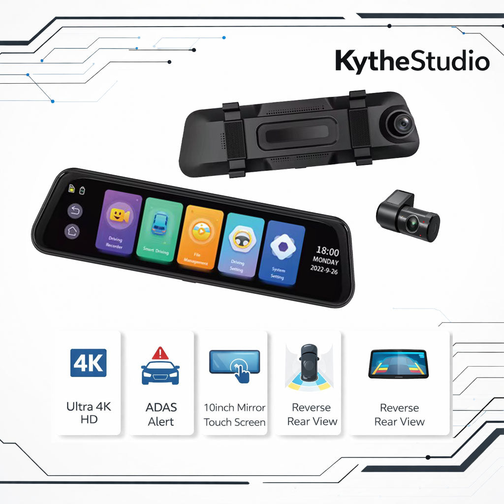N8pro 10” Mirror Dash Cam 4K + 1080P – Dual Lens, ADAS, WiFi, Night Vision, G-Sensor